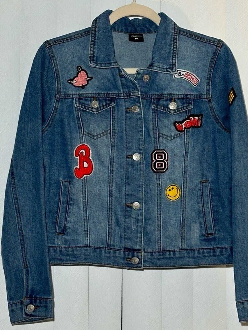 Almost Famous Denim Jean Jacket Women Medium Blue Patch Y2K